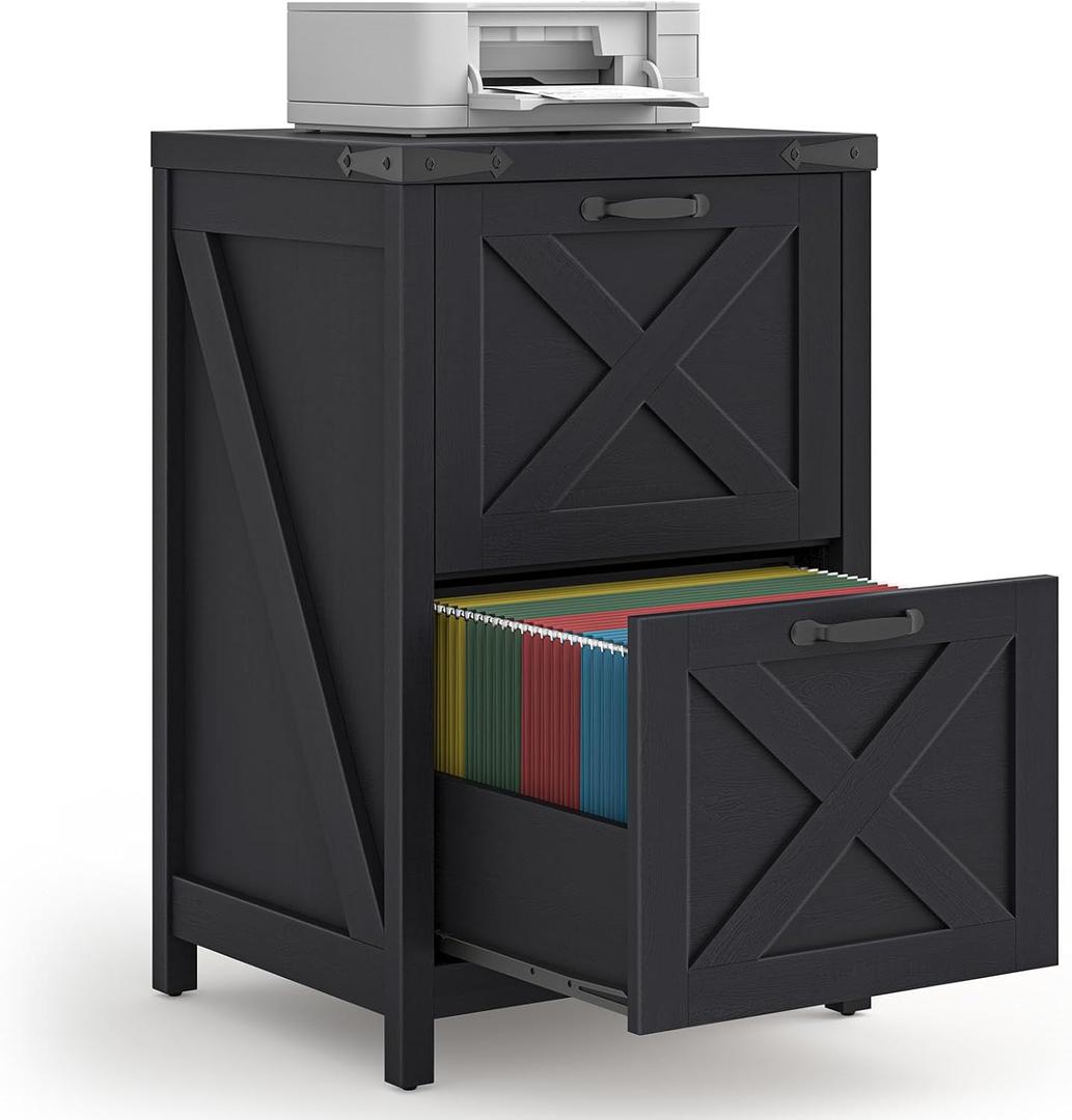 2 Drawer Small File Cabinet, Farmhouse Vertical Filing Cabinet Fits Letter and A4 Size, Under Desk Wooden File Cabinets for Home Office, Printer Stand, Black