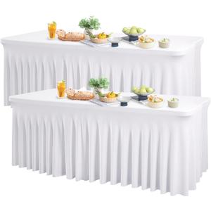 2 Pack White Spandex Table Clothes for 6 Foot Rectangle Tables, 6FT Wrinkle Free Fitted Tablecloths Ruffles Design Table Cover for Party, Banquet, Wedding and Events