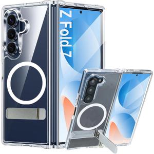 for Galaxy Z Fold 7 Case Compatible with MagSafe, Built-in Metal Kickstand & Strong Magnetic, Anti-Yellowing Non Slipping Out Phone Cover with Stand Slim fit Samsung Galaxy Z Fold7 (Clear)