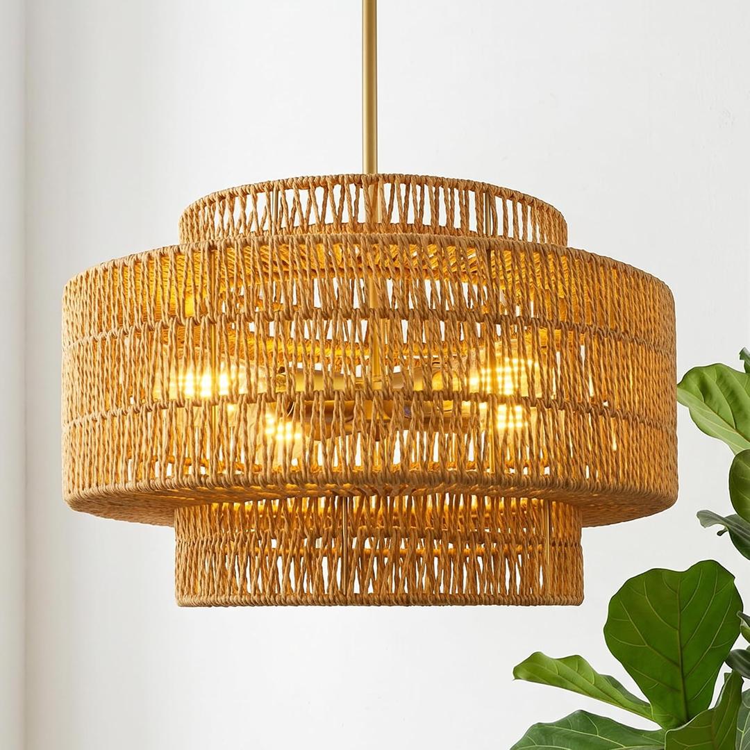 18" Boho Rattan Chandelier, 4-Light 3-Tier Hand Woven Dining Room Light Fixture with Gold Finish, Natural Brown Pendant Lights for Living Room Kitchen Island, AD-25050-4P-GD