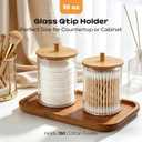 Glass Qtip Holder Dispenser, 10 oz Apothecary Jar with Bamboo Lid, 4 Pack | Cotton swab holders with bamboo lids; stores cotton balls, pads and floss picks for neat bathroom vanity organization.