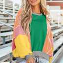 KevaMolly Womens Long Sleeve Tops Dark Green Colorblock Patchwork Exposed Stitching Oversize Top Round Neck Casual Colorblock Pullover L (L)
