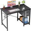 Sweetcrispy 40 Inches Computer Desk with Drawers, Home Office Writing Desk with X-Shaped Reinforcement, Modern Study Work Table with Side Hook, Sturdy Metal Frame, Black