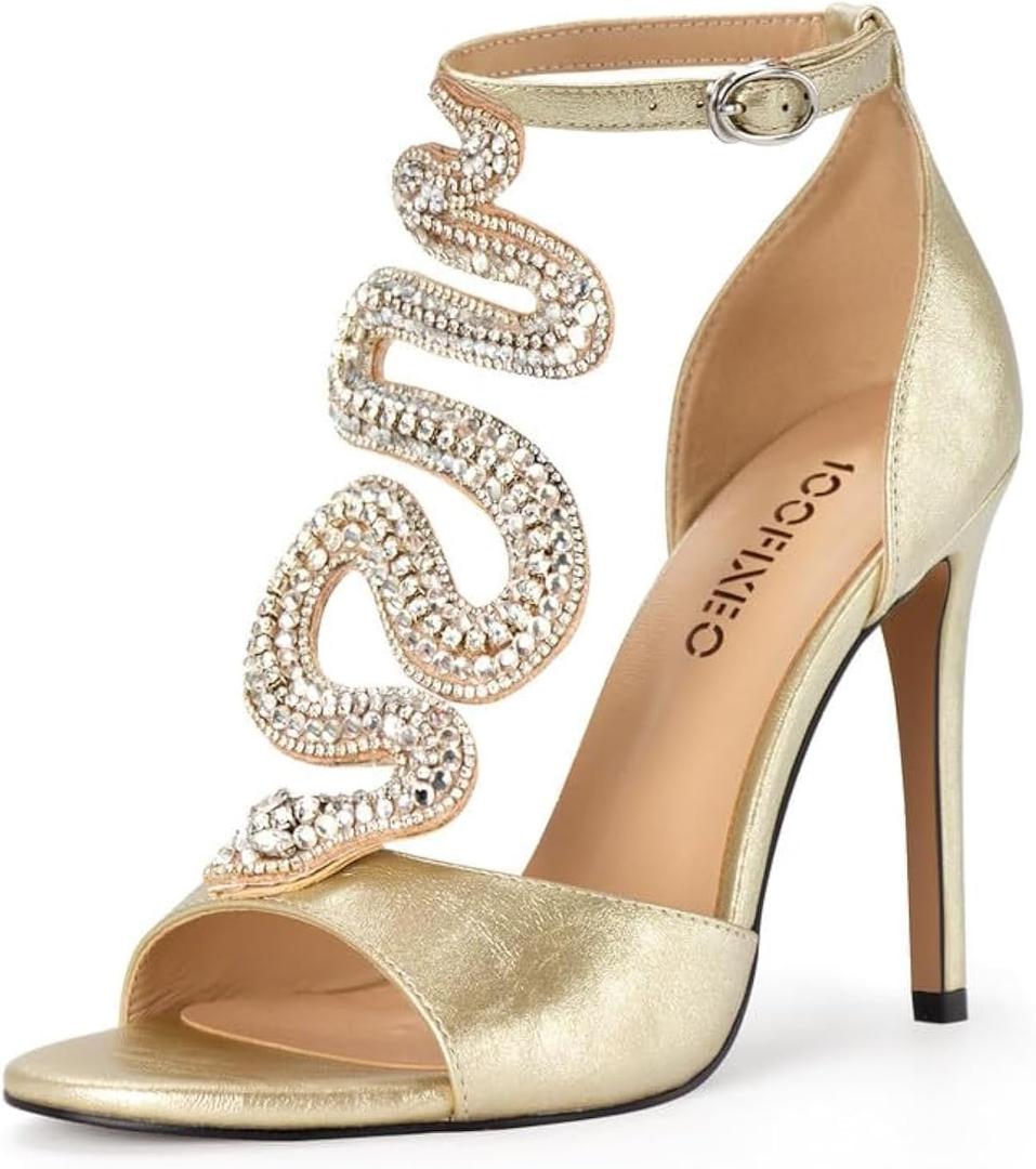 100FIXEO Women's Elegant Gold Rhinestone Snake T-Strap Open Toe High Heels Stiletto Heeled Sandals Peep Toe Sexy Party Shoes (8)