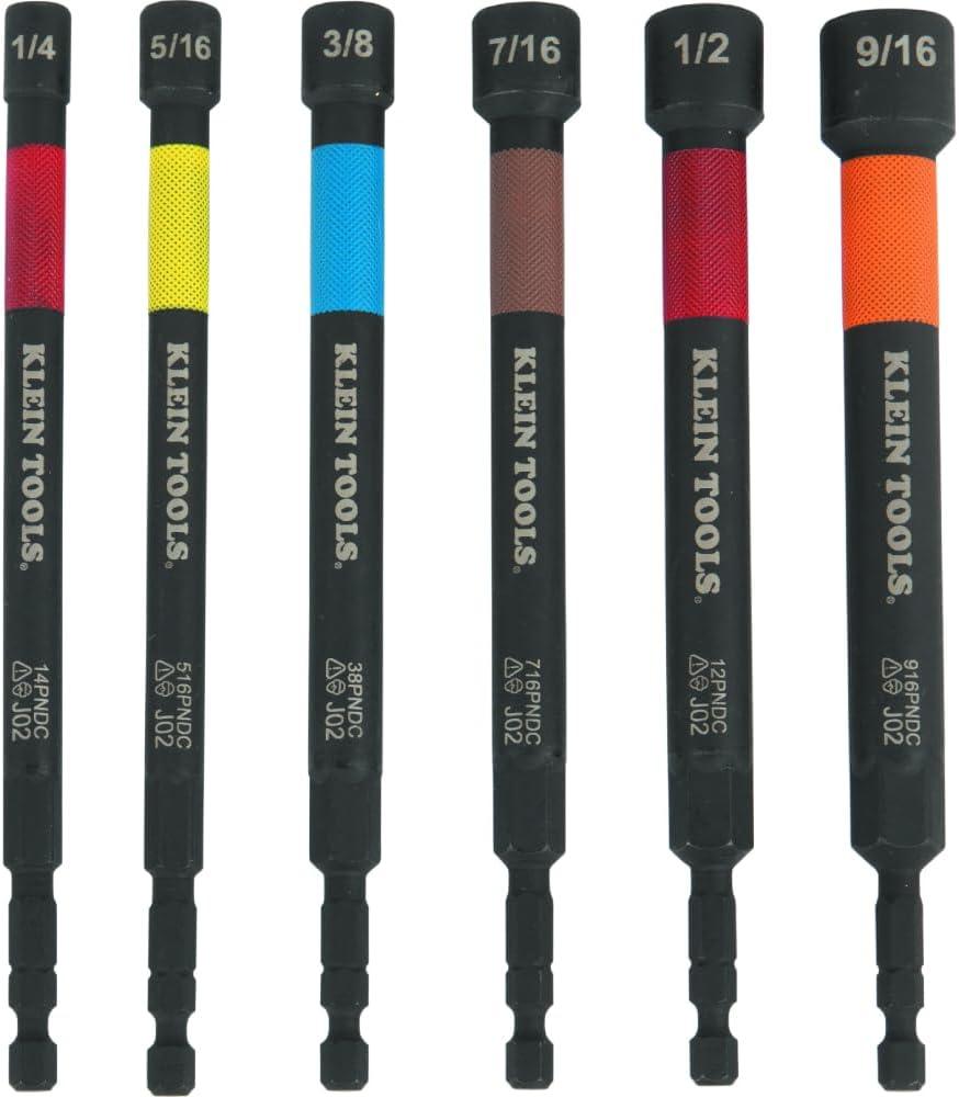 Klein Tools 32930 SAE Magnetic Impact Nut Setter Set, 6-Piece Color Coded Power Nut Driver with Extended Reach, 6 SAE Sizes
