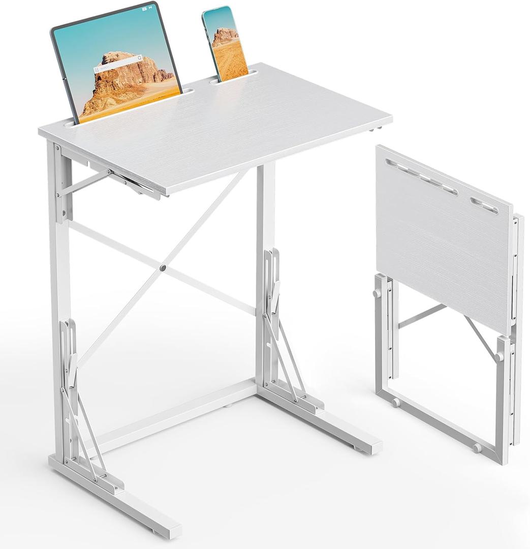 21''Wx28''H Folding TV Tray, Small Foldable C-Shaped End Table for Eating with Tablet and Phone Slots, Slide Under Couch Side Table for Recliner, Living Room, Bedroom, White