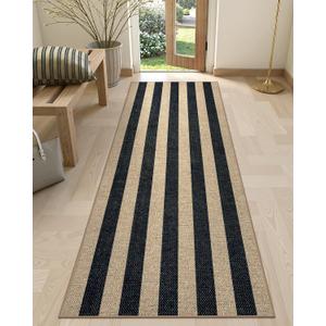 Lahome Elance Striped Easy Jute Kitchen Runner, 2x8 Washable Runner Rug for Hallway Entryway, Farmhouse Non Slip Non Shedding Black Indoor Outdoor Carpet for Entry Porch