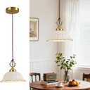 Brass Vintage Ceramic Pendant Light Fixture，Mid Cenrury White Ceramic Chandelier with Petal-Shaped Cutouts Hanging Light for Kitchen Island Dining Room Bedroom Hallway