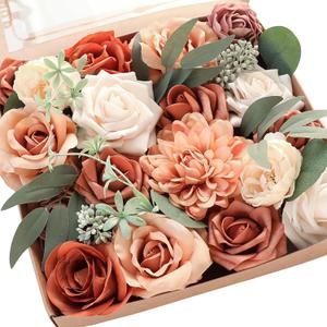 Floroom Terracotta Artificial Flowers Burnt Orange Fake Roses Peonies Dahlia Greenery Combo Box Set for DIY Wedding Bouquets Bridal Shower Centerpieces Floral Arrangements Party Tables Home Decoration