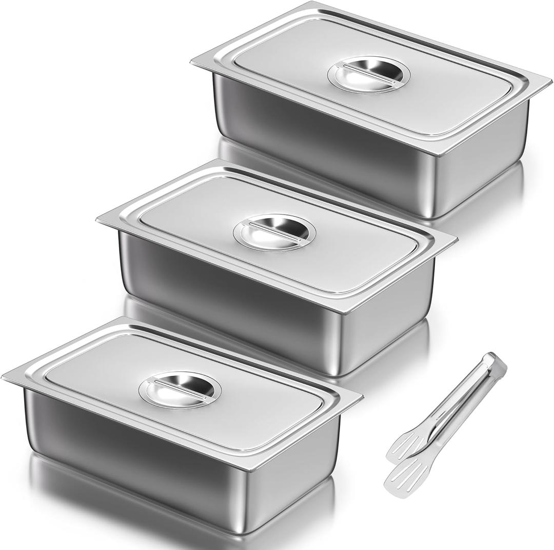 WantJoin Steam Table Hotel Pans with Lid 1/1 Full Size 6 Inch Deep 3 Pack, Stainless Steel Metal Tray Sets Food Storage Container, Restaurant Chafing Dishes Commercial Buffet Warmer Catering Supplies