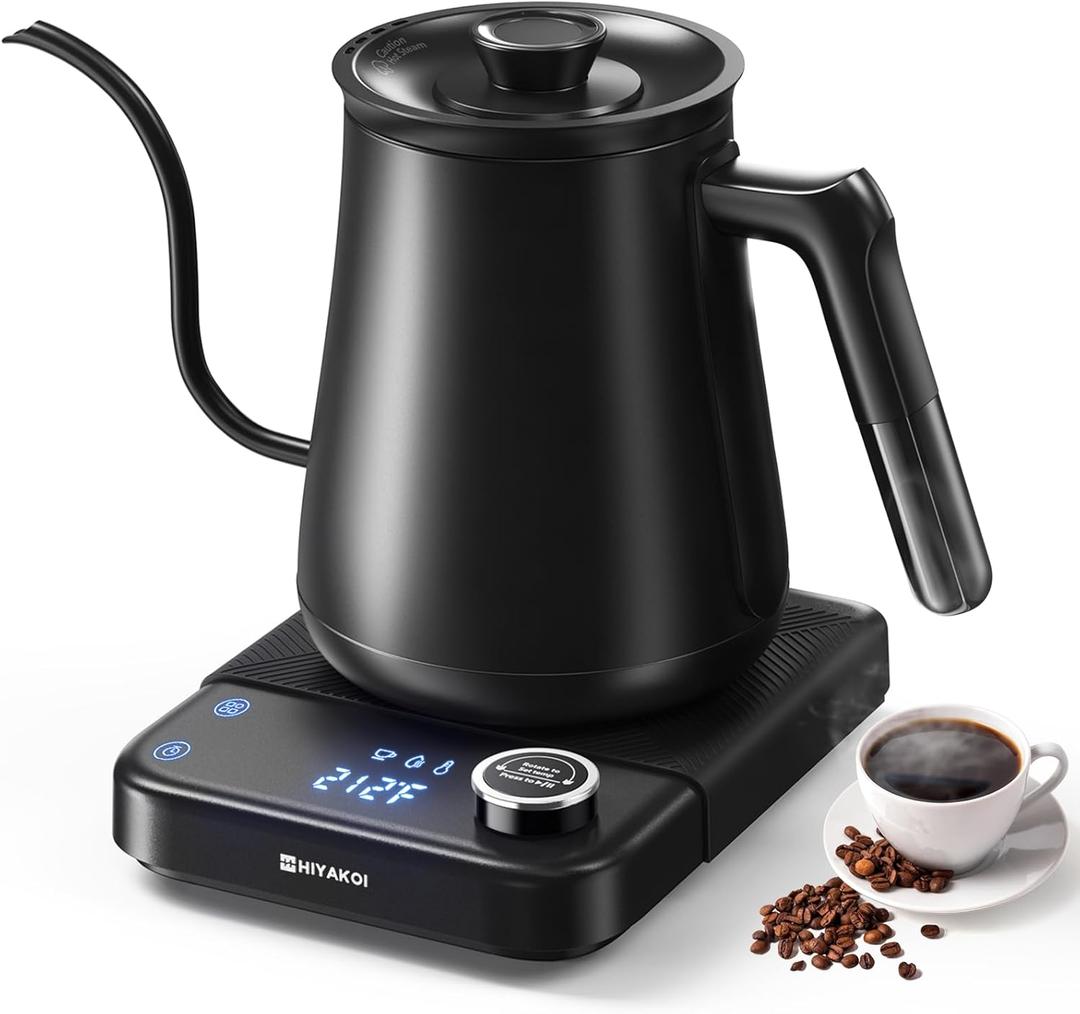 Gooseneck Electric Kettle HIYAKOI with 1 Temperature Control, Pour Over Kettle for Coffee & Tea, 1200W Rapid Heating, Stainless Steel Water Boiler with 12H Keep Warm & Built-in Timer, 0.8L/27oz