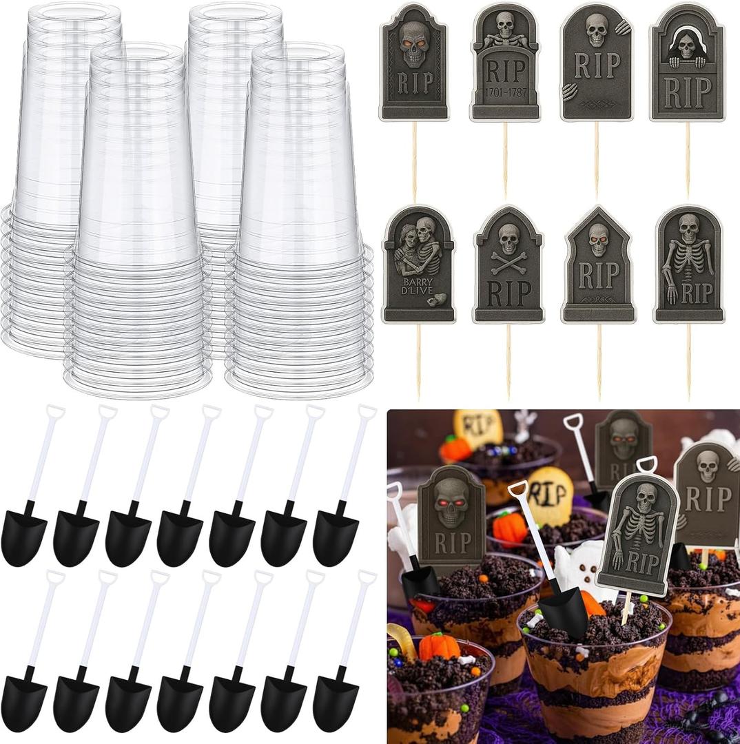 Honeydak 48 Set DIY Halloween Dirt Cups for Party Halloween Skeleton Hand Decorations Graveyard Tombstone Cake Toppers with Horror Zombie Hands Plastic Dessert Cups for Ghost Party(14 oz,Mini Shovel)