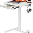 Small Mobile Standing Desk with Drawer, 23.6"x19.7" Rolling Laptop Cart on Wheels, Height Adjustable Sit Stand Computer Workstation with Storage for Compact Space, White