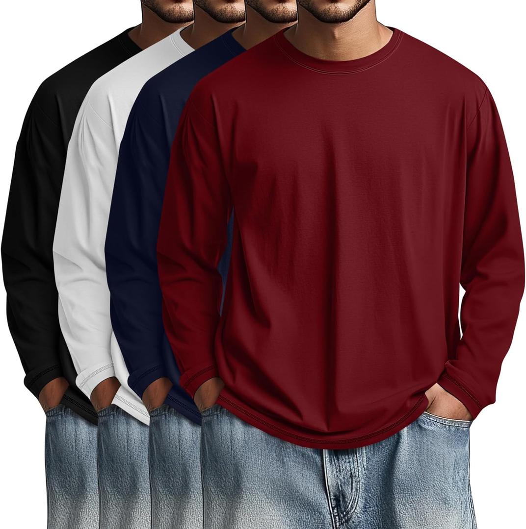 4 Pack Men's Big and Tall Cotton Shirts L-7xl, Long Sleeve Oversized Tops Loose Casual Large T-Shirts Basic Tee