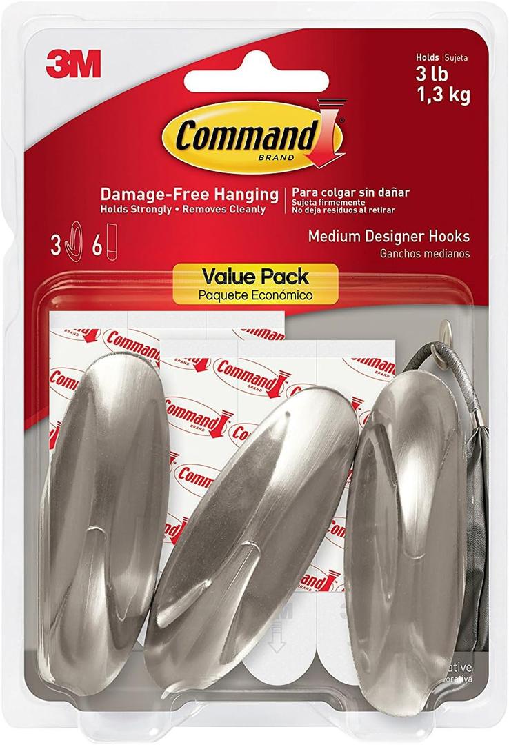 Command Medium Designer Hooks, Holds up to 3 lb, 3 Wall Hooks with 6 Command Strips, Brushed Nickel Color, Damage Free Hanging Hooks for Hanging Decorations in Living Spaces, 2 Pack