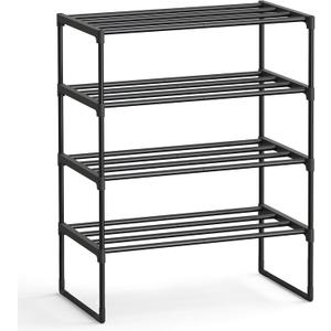SONGMICS Shoe Rack, 4-Tier Shoe Organizer, Metal Storage Shelf, Upright or Upside Down, for 10-15 Pairs, Stackable, for Entryway, 11.8 x 26.8 x 28.4 Inches, Black ULSA204B01