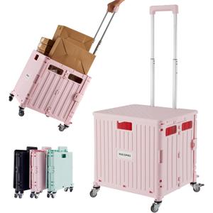 Folding Utility Cart Portable Rolling Crate Handcart Shopping Trolley Collapsible Tool Box, with Lid, Basket on 4 Rotate Wheels, for Grocery, Shopping, Office, Teacher (Pink)