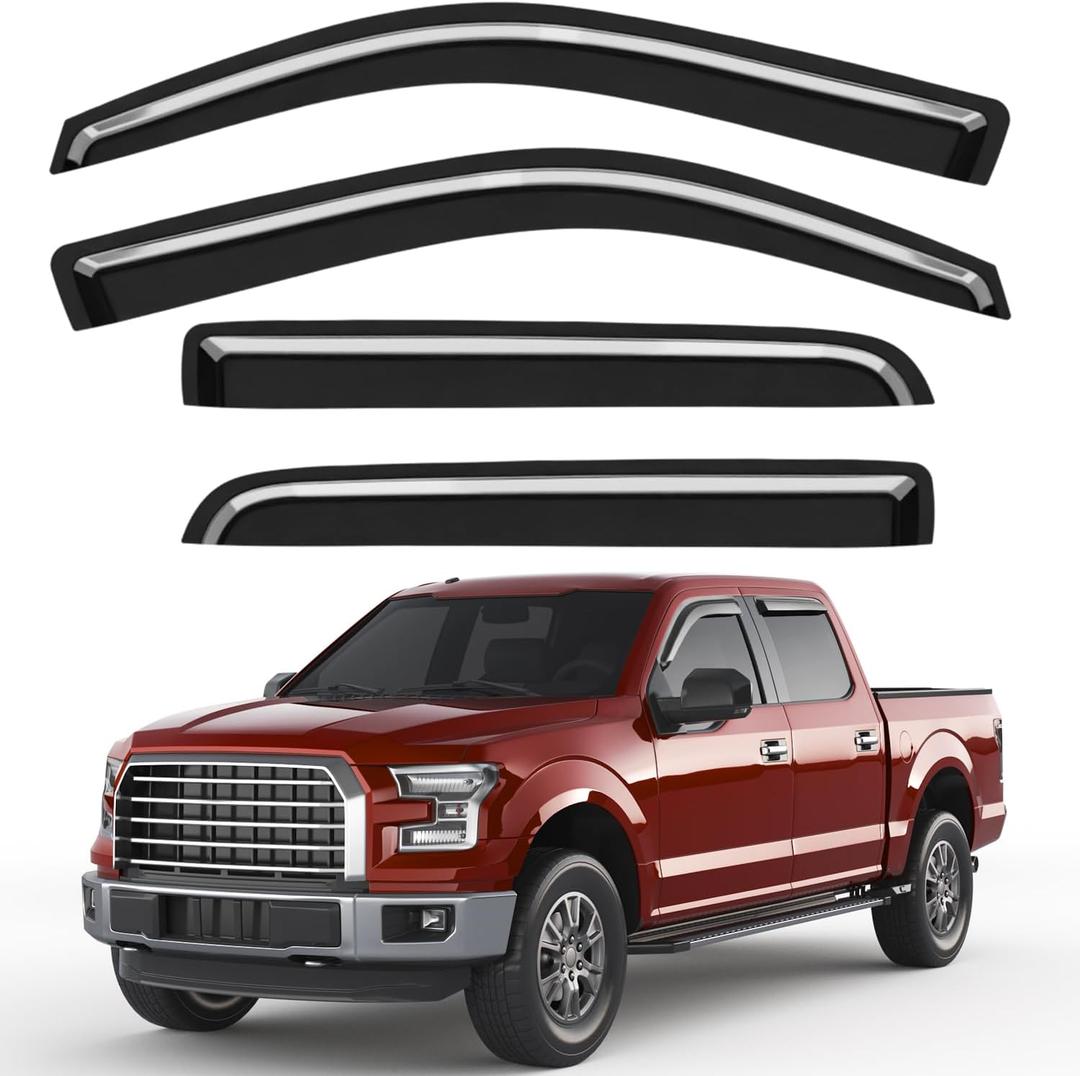 Outside-Mount Window Rain Guards Fit for 2009-2014 Ford F150 F-150 SuperCrew SVT Raptor, Extra Durable Window Visors Wind Deflector Dark Smoke Vent Shades Car Tape-on with Thicker 4PCS