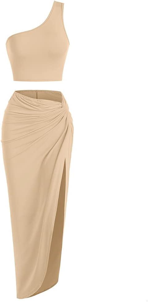 ZAFUL Women's Casual Sleeveless Summer Two Piece Outfits Crop Top and Side Split Draped Ruched Maxi Skirt Set Solid Suiting (L)