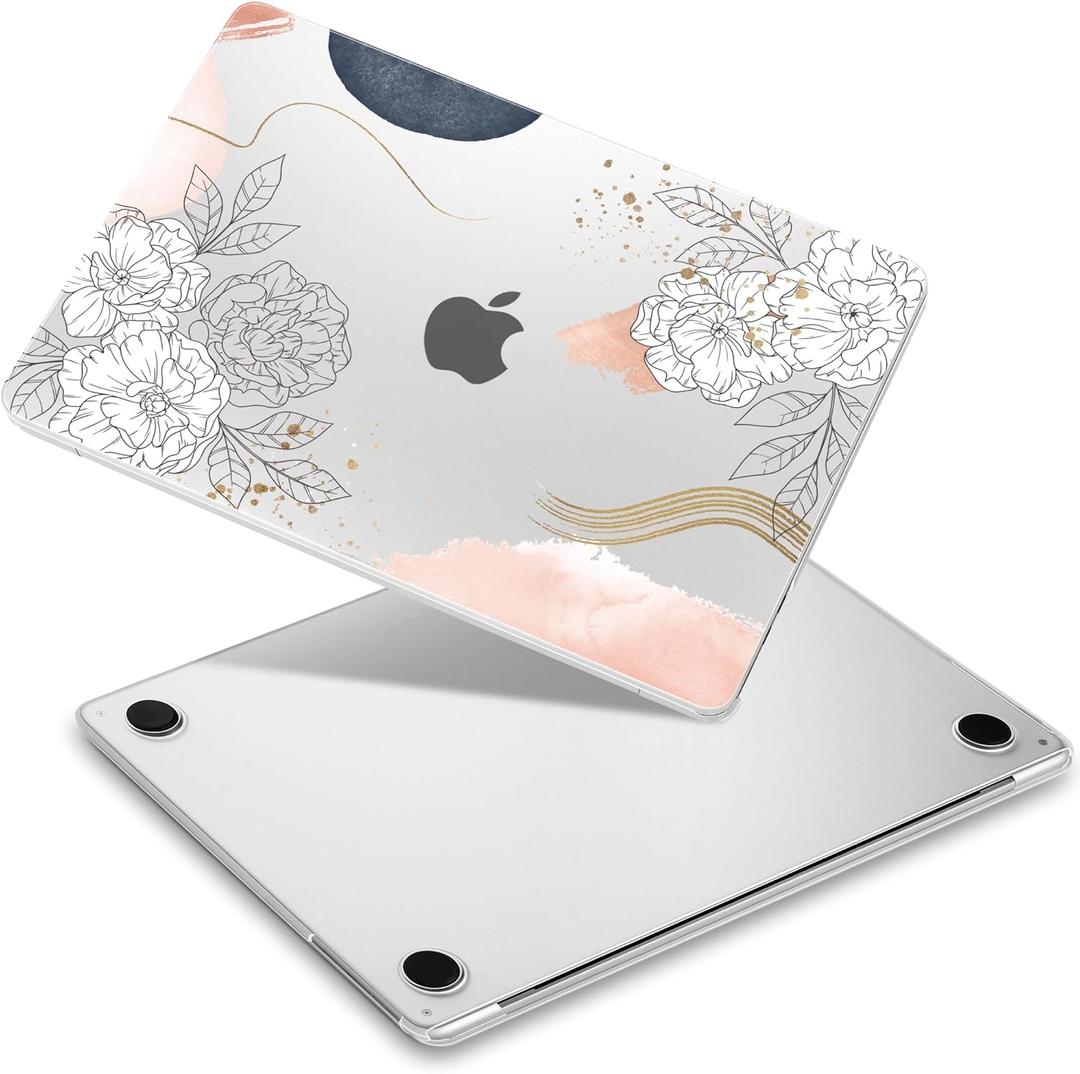 for MacBook Air 15 M4/M3/M2 Case 2025 2024 2023 A3241/A3114/A2941, Hard Shell Laptop Case with Keyboard Cover & Screen Film & OTG Adapter & Webcam Cover, Flower Elements