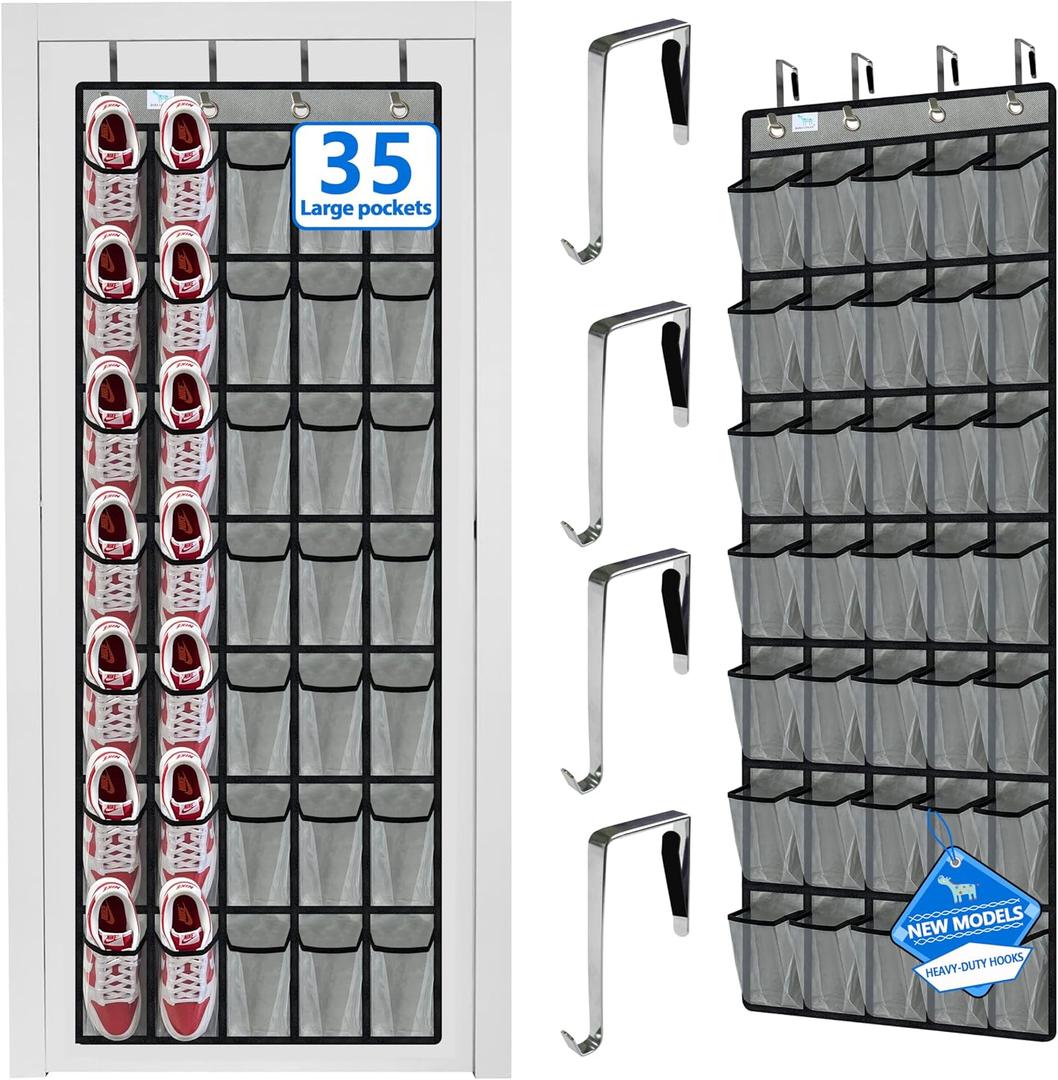 Over The Door Shoe Organizer, Upgraded, Over Door Shoe Organizer, 35 Huge Clear Pockets, Over Door Shoe Organizer, Store Size 13 Shoes, Hooks Suitable For Various Doors, Grey