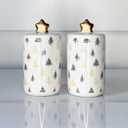 Modern Christmas Tree Salt and Pepper Shaker Set, Ceramic with Gold Stars, 3.5" x 1.75", White and Black