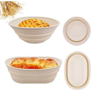 2Pcs Silicone Banneton Bread Proofing Baskets, 10" Oval & 9" Round Foldable Non-Stick Dough Proofing Bowl Containers-BPA Free, Optimum Sourdough Bread Baking Supplies(Beige)