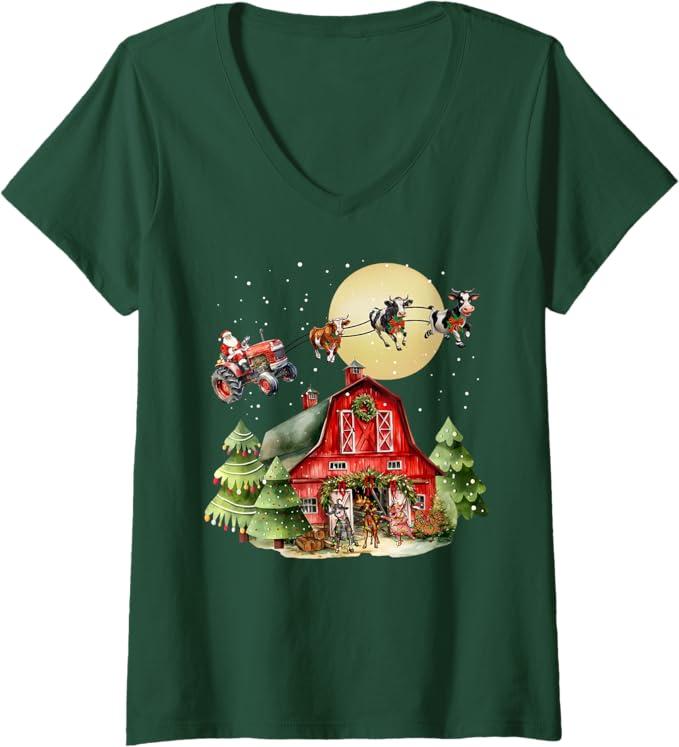 Funny Santa Claus Tractor Cows Farm Farmer Christmas Holiday T-Shirt, S