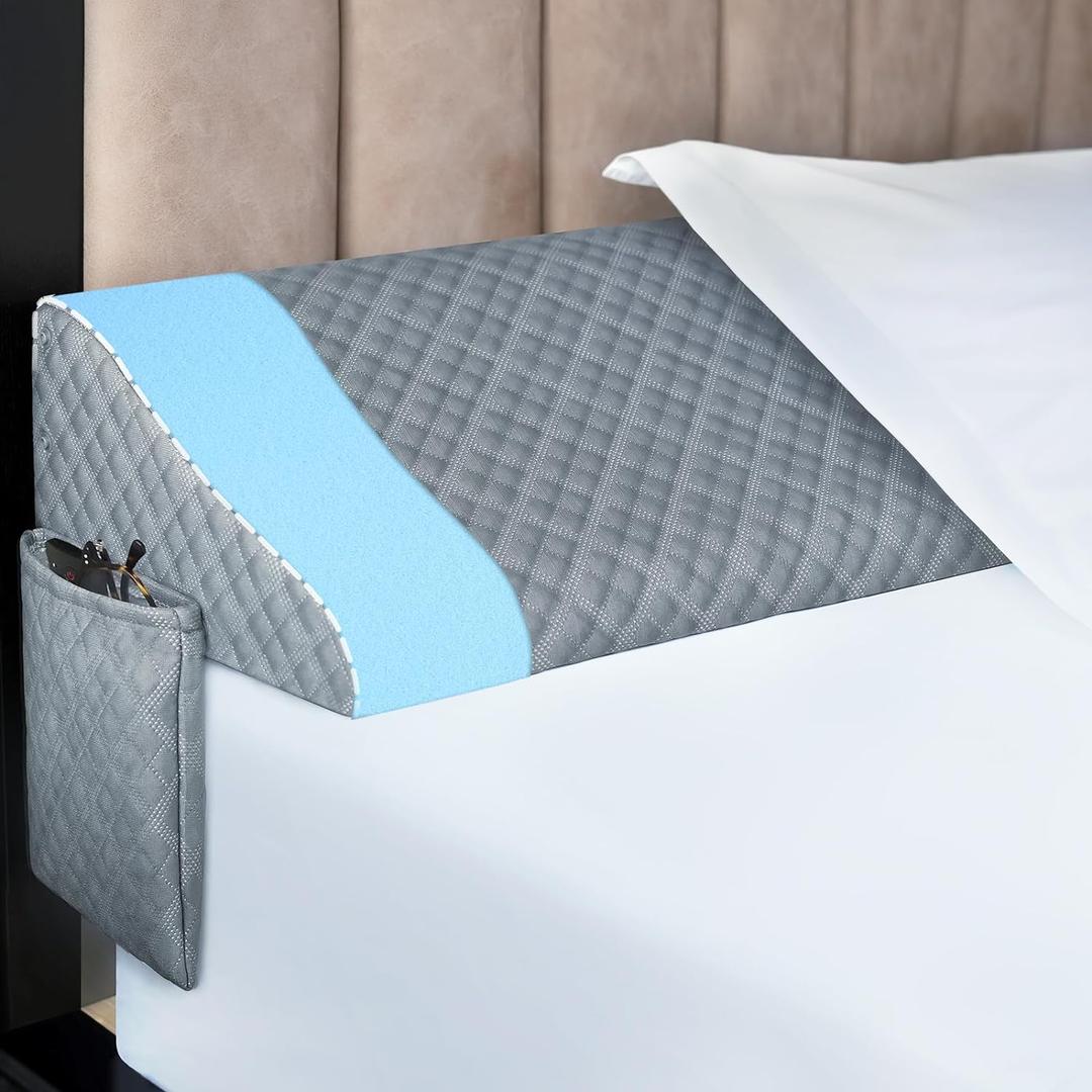 Kayfia Queen Size Pillow Wedge for Headboard Gap Bed Gap Filller (0-8") Mattress Space Filler Pillow Stopper with 2 Side Pocket Triangle Foam Pillow Wedge Between Headboard Mattress(Grey, 60"x10"x6") 