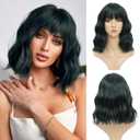 Black Green Wig with Bangs for Women Short Wavy Bob Wig Cosplay Wig Synthetic Wigs Halloween Wigs (12 Inch)