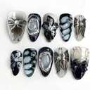 30pcs Y2k Metallic Handmade Black Press On Nails Medium Length Almond Fake Nails 3D Flowers, Silver Swirls, Bow & Butterfly Charms Dark Design Series Goth Punk False Nails Glue on Nails for Women