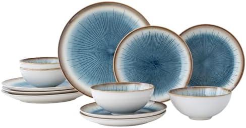 WHITEPEONY Blue Stoneware Dinnerware Set, 12 Pieces, Blue Stripe Marble, Dishwasher & Microwave Safe