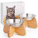 Raised Cat Bowl, 2 Pack Stainless Steel Elevated Cat Bowl Whisker Friendly Wide Flat Shallow Cute with Bamboo Stand Elevated Cat Food Plate Dishwasher Safe No Slip Lifted Raised Cat Dish Easy Clean