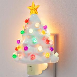 Hausse White Christmas Tree Night Light, Decorative Ceramic Xmas Tree Nightlight with Lamp for Kids, Multicolor Bulbs & 360 Degree Swivel Plug with On/Off Switch for Kitchen Bathroom Bedroom Decor