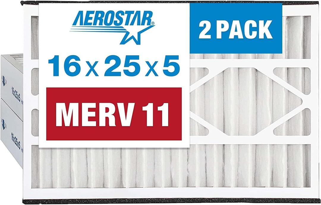 Aerostar 16x25x5 MERV 11-2 Count - Pleated HVAC, Furnace & Air Conditioner Filters - Removes Dust, Cold & Flu Germs, Lint, Mold, Pet Dander, Allergy-Causing Pollen, Smog & Smoke