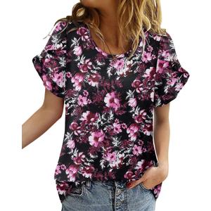 CRAZY GRID Women's Shirts Summer Casual Crewneck Ruffle Short Sleeve Blouses Cute Floral Print Tunic Tops (XXXL)