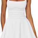 Kaximil Women's Sexy Ruffle Mini Dress Spaghetti Strap Ruched Corset Party Club Short Dresses (White)