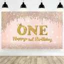 Happy 1st Birthday Backdrop for Girls, Pink Rose Gold Sparkle Crown First Birthday Photo Background, Onederful Birthday Party Decorations, 71×43 Inch