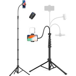 Phone Tripod, 86" Tall Tripod for iPhone with Flexible Gooseneck & Remote, Portable Aluminum Cellphone Stand for Selfies, Video Recording,Travel, Compatible with iPhone Android (86 inch, Black)