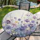 Round Tablecloth with Elastic Edge, 36-60Inch Waterproof Table Cloth for Dinner, Outdoor, Picnic, 60inch, Purple Flower