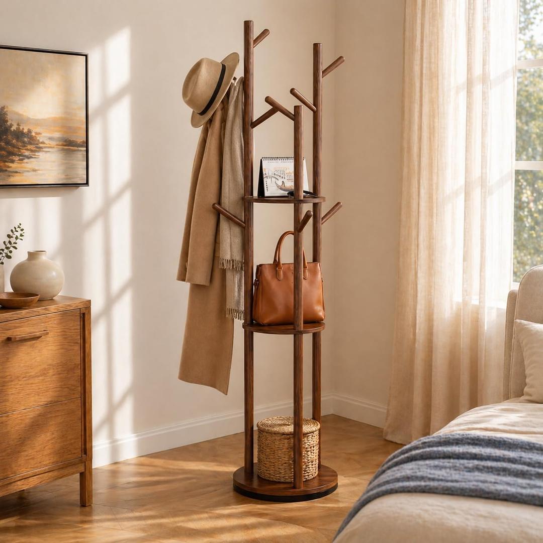 Solid Wood Rotating Coat Rack Freestanding, 360 Coat Tree with 3 Shelves & 9 Hooks, Heavy Duty Rubberwood Coat Hanger Stand, Hat Rack Hall Tree for Entryway Bedroom Office Hallway, Walnut