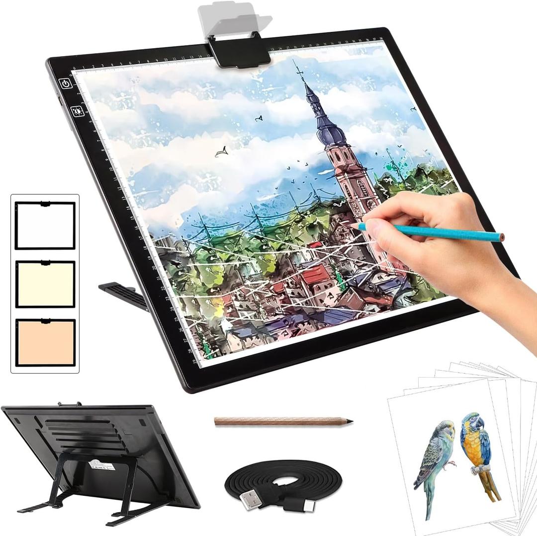 Rechargeable A3 Light Pad for Diamond Painting,Tracing Light Box with Stand and Clip,3 Colors Stepless Dimmable and 6 Levels of Brightness Light Board for Artists,Drawing, Sketching, Animation