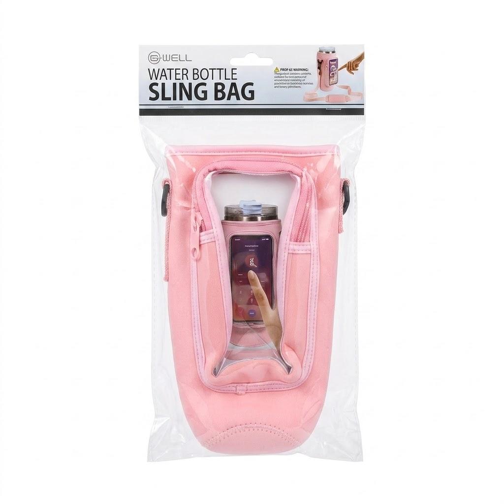 B•WELL Water Bottle Sling Bag with Adjustable Strap& Convenient Phone Pocket. Pink
