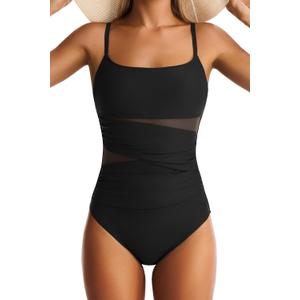 One Piece Swimsuit for Women Tummy Control Mesh Bathing Suits Sexy Push Up Swimsuits Slimming Square Neck Swimwear (Black, XXL)