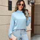 Neweek Womens Satin Blouses Long Sleeve Mock Neck Elegant Pleated Silk Shirts Tops for Business Casual Work (M)