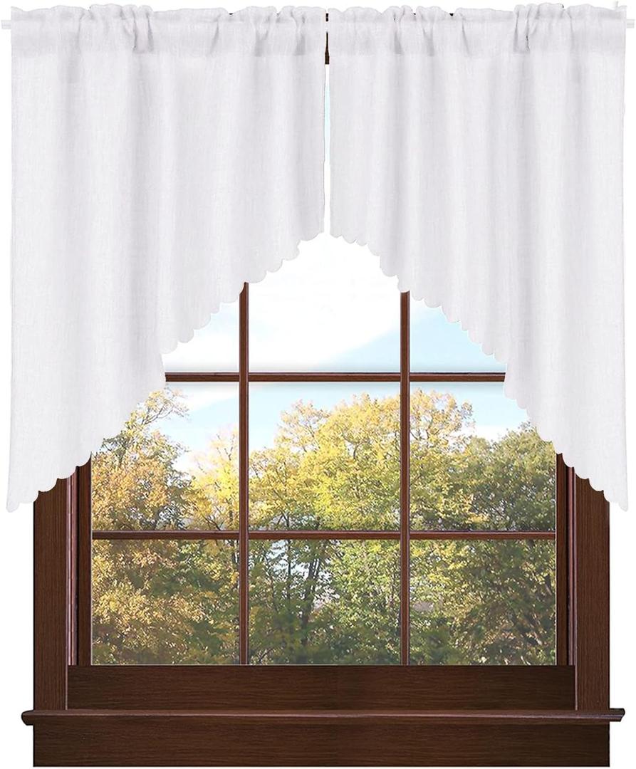 Valea Home Soft Burlap Look Swag Curtains Rustic Natural Rod Pocket Kitchen Valance Curtain Panels for Small Window 36 inch Length, White, 2 Panels (36"W x 36"L (Pack of 2))