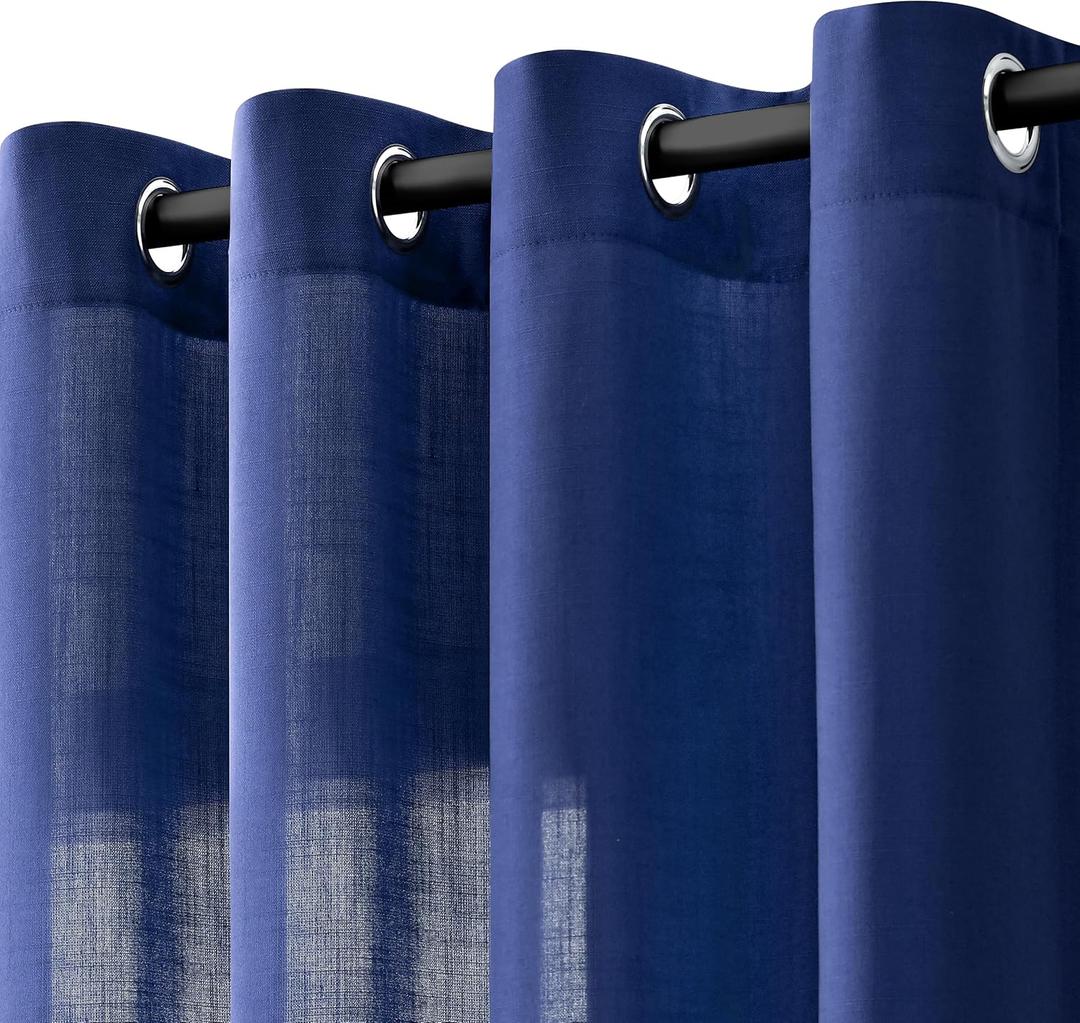 Classic Blue Linen Curtains 90 Inch Length 2 Panels for Living Room Bedroom, Light Filtering Sheer Curtains 90 Inches, Modern Farmhouse Grommet Semi Sheer Soft Privacy Drapes