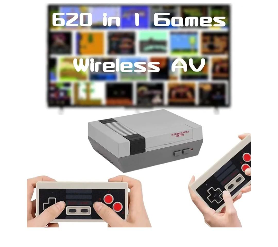 Retro Game Console, Wireless Retro Gaming System, Built-in 620 Classic Video Games, Plug & Play Game Console for TV with AV Output and 2 Wireless Controllers (Gray)
