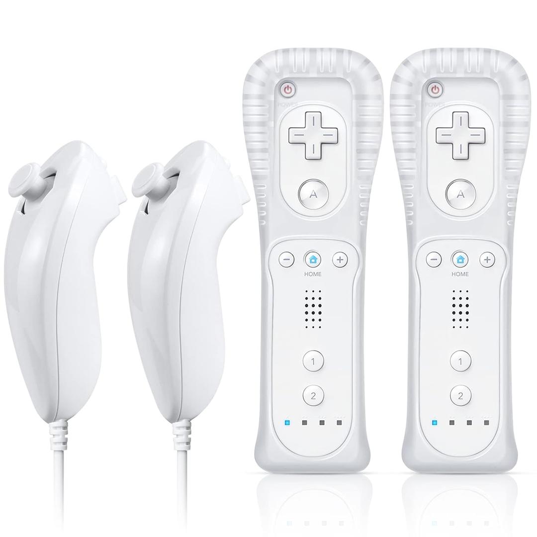 FASIGO Remote Controller with Nunchuck, Compatible with Nintendo Wii/Wii U, 2 Pack, White