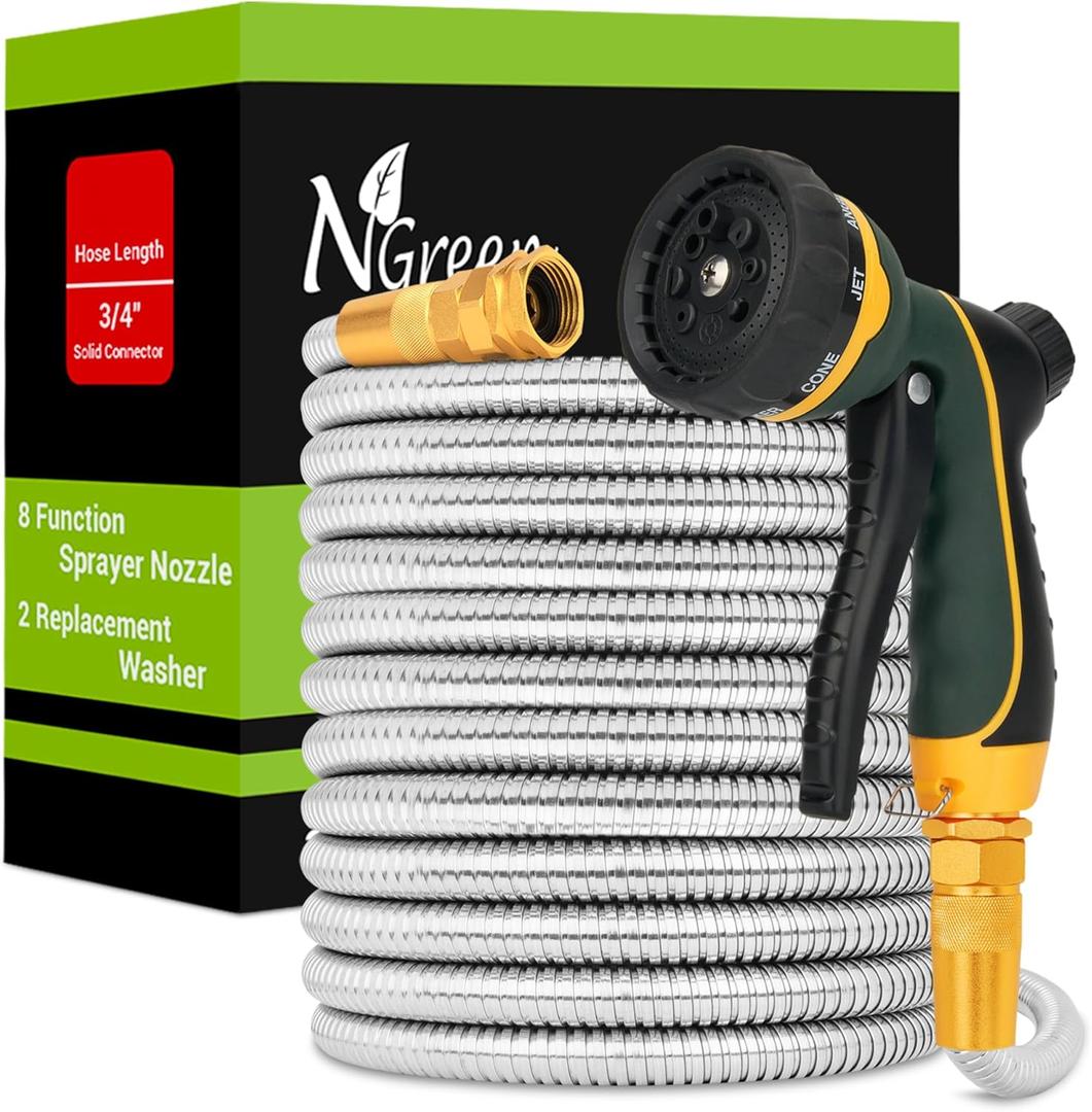 NGreen Stainless Steel Garden Hose - Flexible Metal Water Hose with Nozzle, Puncture, Rust Proof and Corrosion Resistant, Never Kink and High Pressure, Collapsible and Easy to Store (100FT)